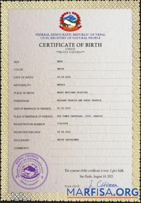 Printable Nepal vital record birth certificate PSD template